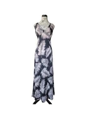 India Boutique- Padded Black Maxi Dress W- Pink & White Fern Leaf Print